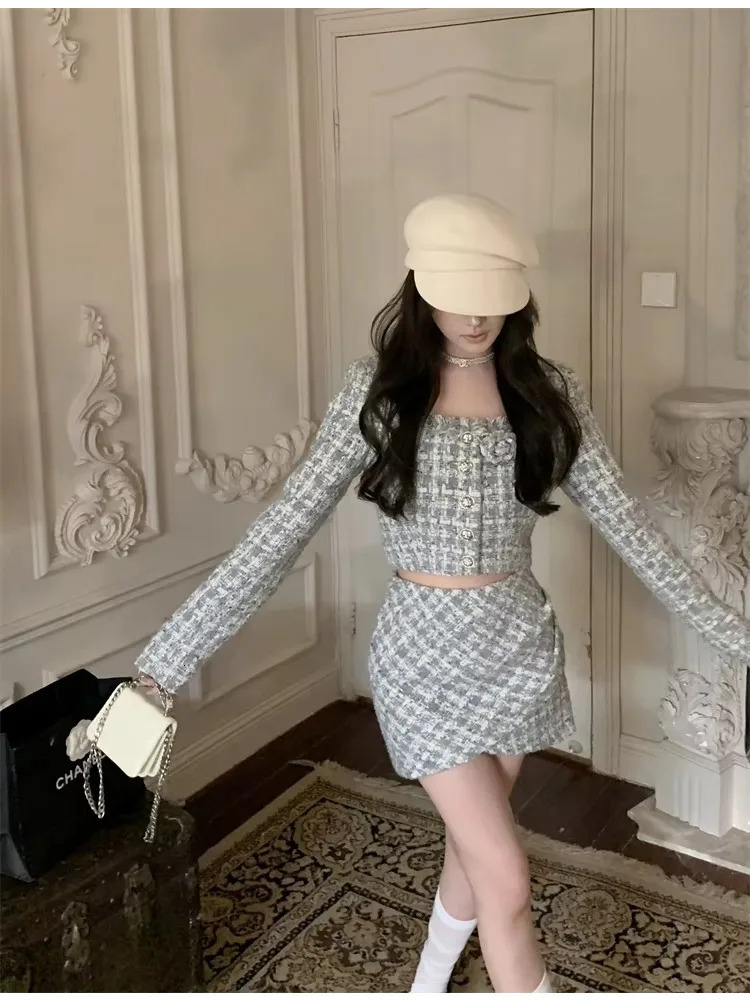 French Square Collar Tweed Womens Suit Jacket Autumn Long Sleeve Short Coat Slimfit Plaid Top High Waist Skirt Twopiece Set 251023