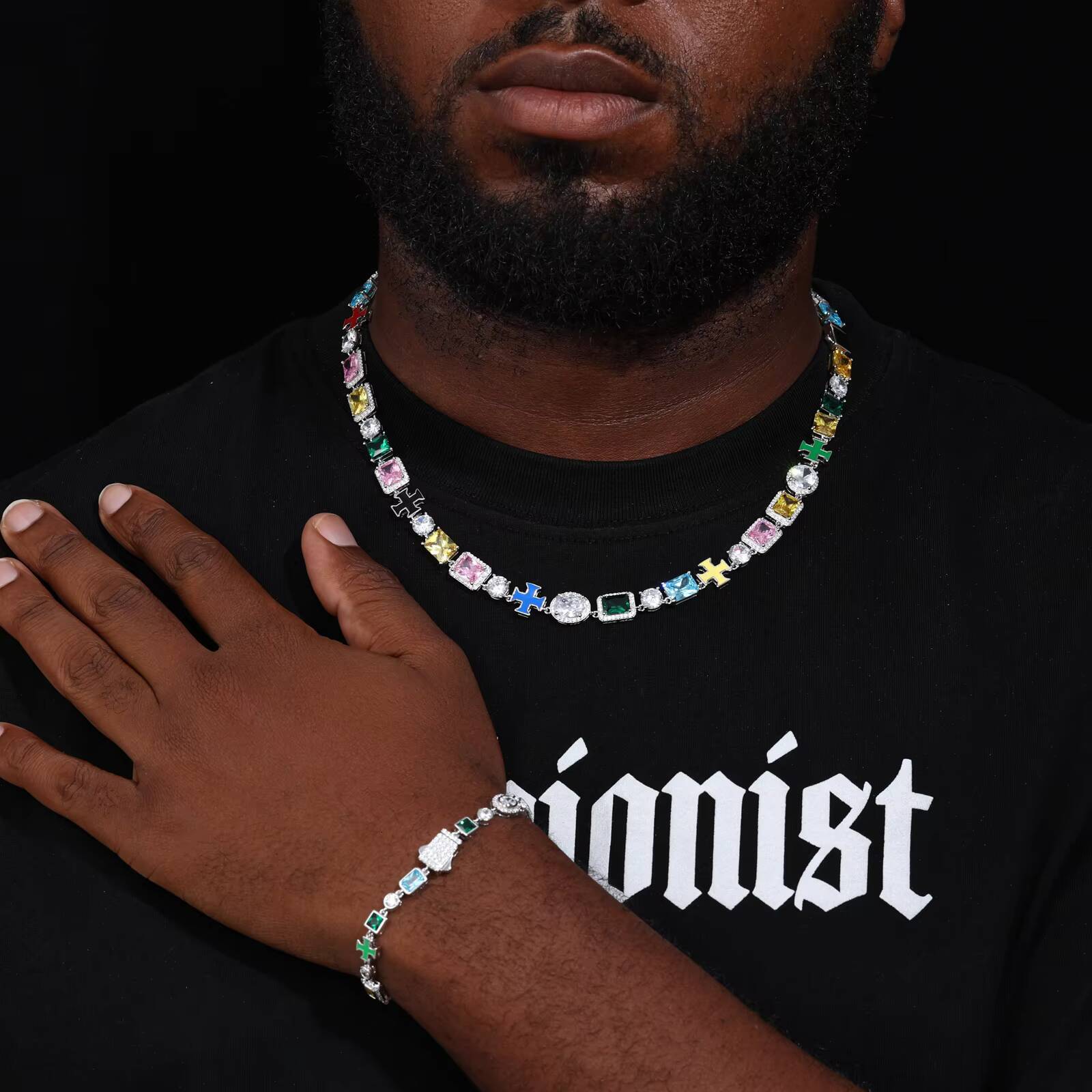 Gorgeous Mixed Gemstone Cross Tennis Chain 5A CZ Enamel Gem 18K Gold Plated Vintage Multi Colored Jewelry Necklace for Women Men