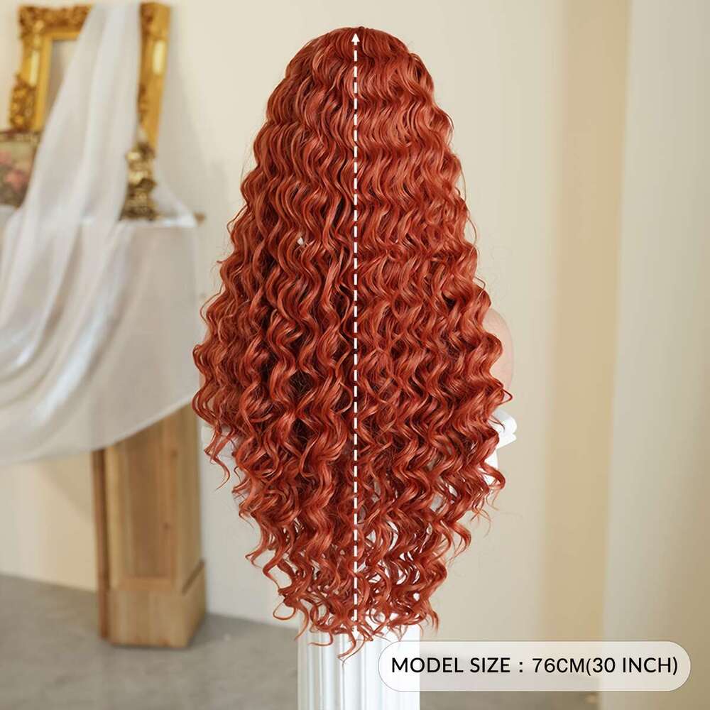 Costume Long Deep Orange Brown With Bangs High Density Fluffy Curly Wave Wig Heat Resistant Synthetic For Women Daily Party Use Music Festival Hallowe