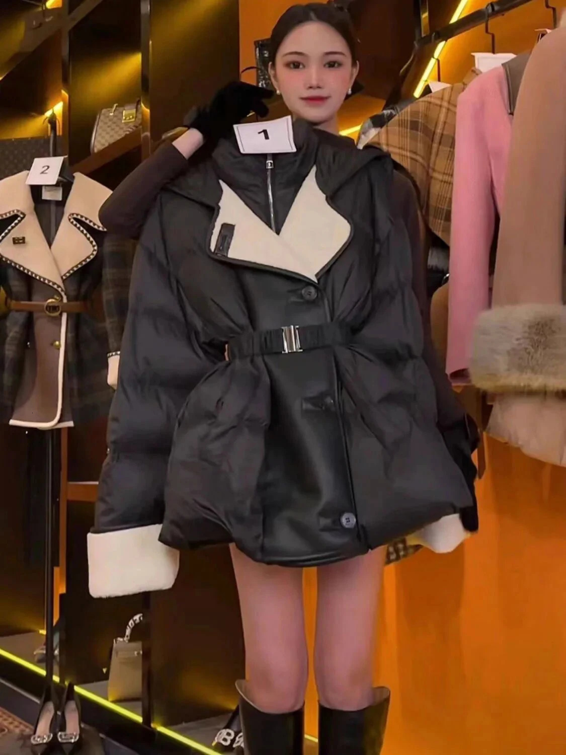 Winter Patchwork PU Leather Loose Parkas Female Hooded with Belt Down Jackets White Duck Casual Coat Puffer Jacket 251027