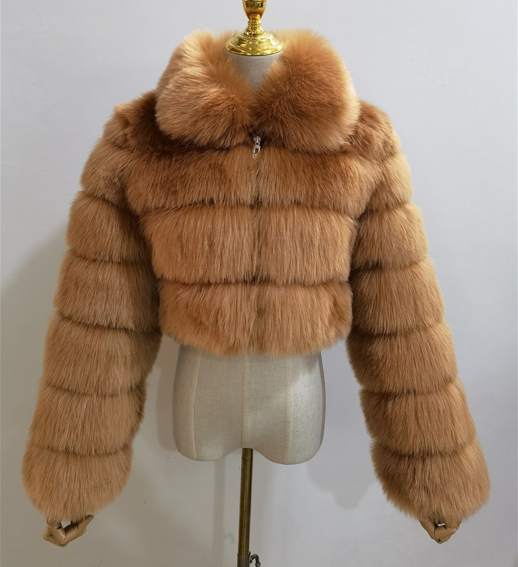 Elegant Ladies' Short-Collar Jacket Featuring Plush Fake Fox Tail Sleeves & Stylish Fur-Like Finish