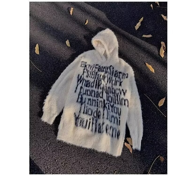 Mink Velvet Letter Jacquard Hooded Designer Sweater Sweater Men's Autumn And Winter New High Street Loose Casual Couple Knitwear Trendy Brand