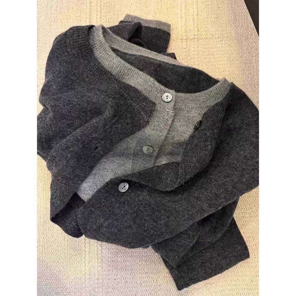 Fake Two 100% Pure Cashmere Sweater Cardigan Dark Grey High-Grade Wool Knit Coat Top Women Sweater Designer Sweater Women