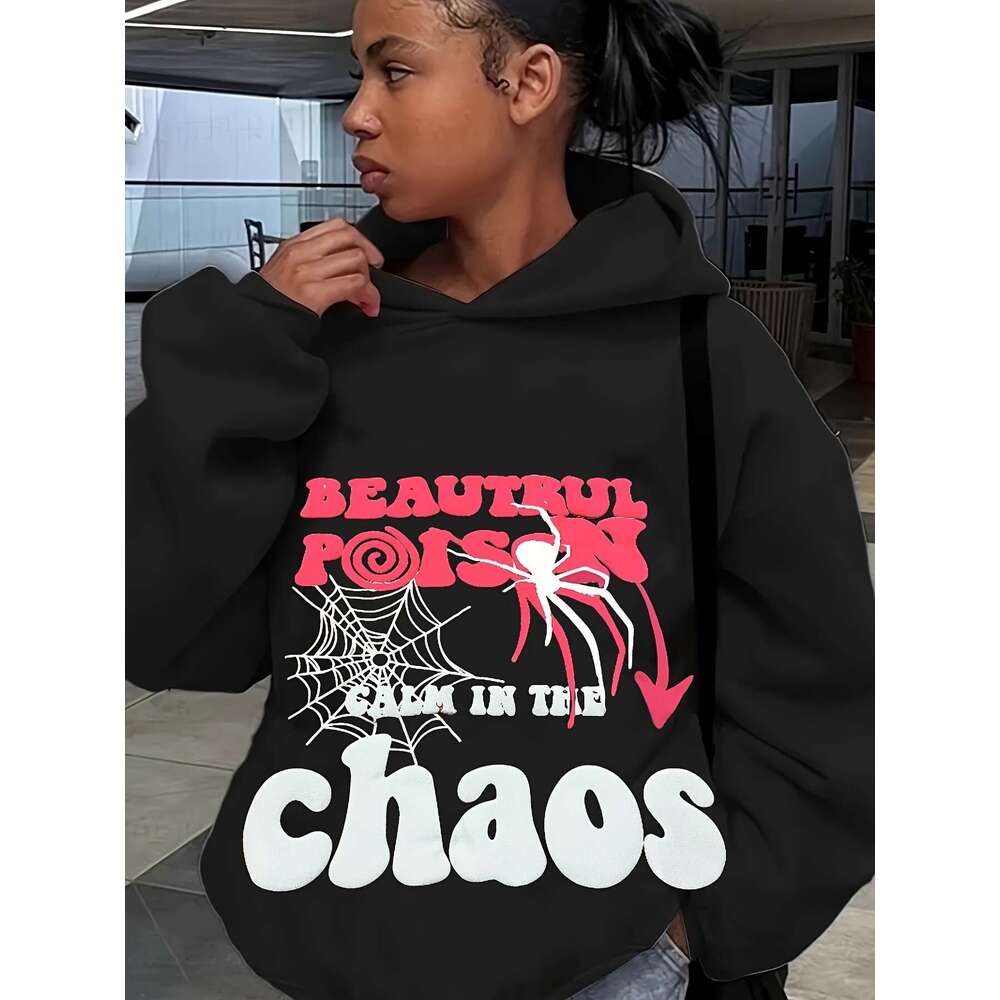 Y2k Graphic Print Hoodie For Women - Pink Geometric Pattern Pullover With "Beautiful Poison" & "Calm In The Chaos" Design, Long Sl