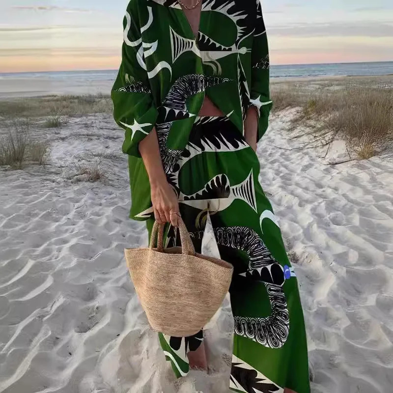 Womens Single Breasted Lapel Short Sleeve Top And Wide Leg Trousers Set Print Shirt Pants Suit Outfits 2 Pcs Sets 251013