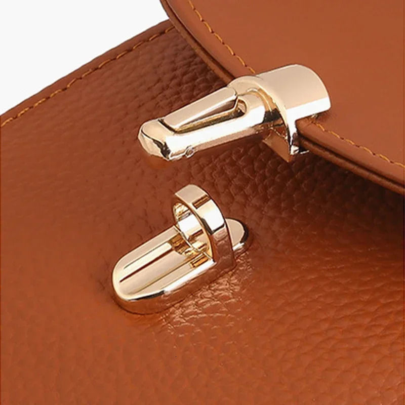 Genuine Leather Phone Bag Solid Color Flip Round Lock Bag Womens Crossbody Bag with Long Shoulder Strap and Credit Card Slot 251027