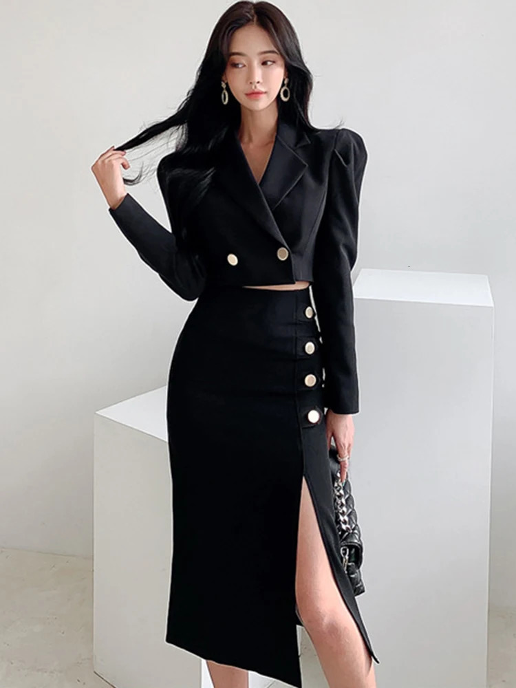 Spring Elegant Black 2 Pieces Outfits Women Lady Chic Temperament Formal Casual Short Cropped Coat Split Skirt Suit Sets Mujer 251023