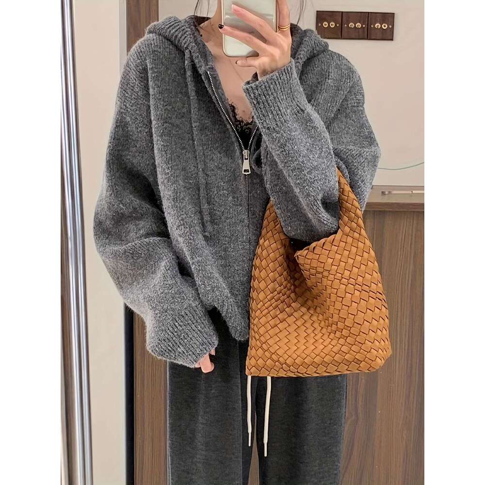 Solid Zipper Drawstring Hooded Cardigan, Casual Long Sleeve Loose Cardigan For Fall & Winter, Women's Clothing