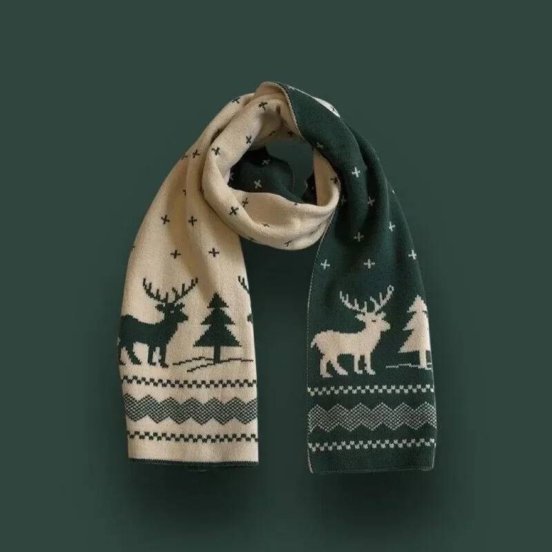 Christmas reindeer scarf, long checkered women's coat, soft warm winter student gift, festive and comfortable accessories