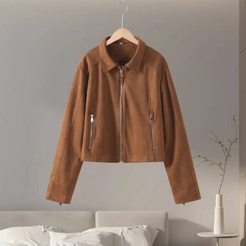 winter jacket women Vintage Suede Zippers Short Jackets Women's Casual Lapel Full Sleeve Pocket Jacket 2025 Autumn Winter New Lady Street Outwear