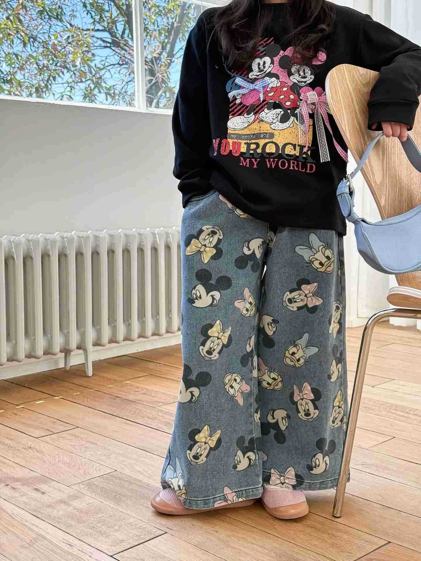 Disney Full Printed Cartoon Pattern Jeans For Girls Spring Autumn Elastic Waist Straight Leg Denim Pants Cute Minnie Trousers H251027