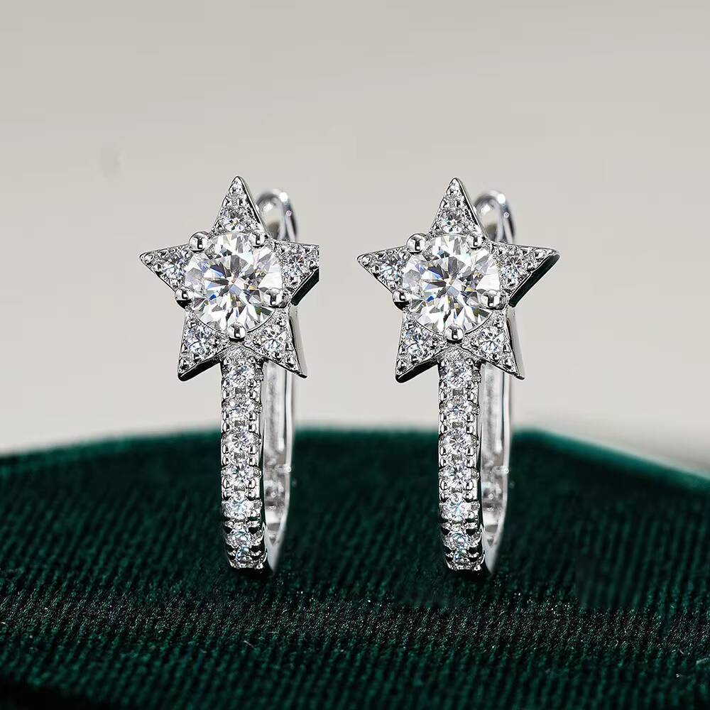 Simple Star Shaped White Gold Plated Hoop Earrings Wedding Full Paved Cubic Zirconia Ladies Moissanite Earrings for Women