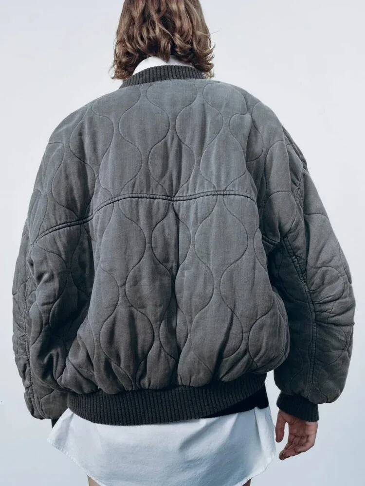 winter jacket women Women's Round Neck Aviator Coat Warm Loose Cotton Zip With Button Grey Fashion Vintage Jacket