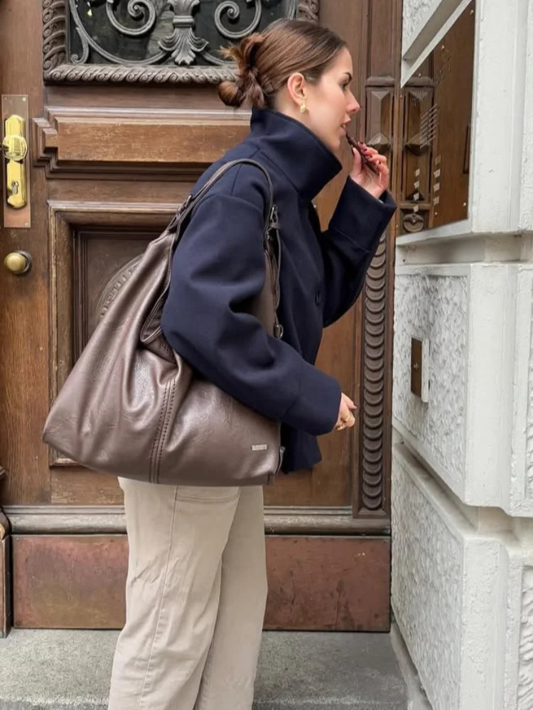 Casual Single Breasted Khaki Woolen Short Jacket Women Fashion Stand Neck Cropped Full Sleeve Outwear Autumn Daily Office Coat 251027