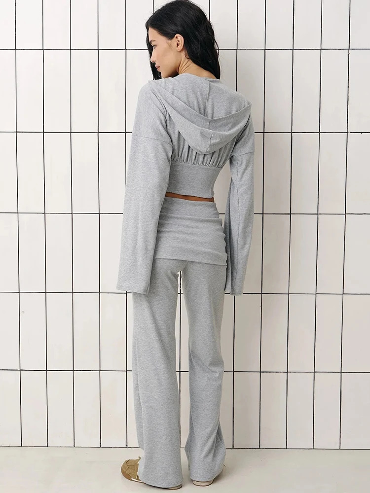 Oniflyme Fall Casual 2 Piece Pants Set Women Zipper Long Sleeve Hooded Crop Coats Flare Suits Sexy Ruched Matching Outfits 251027