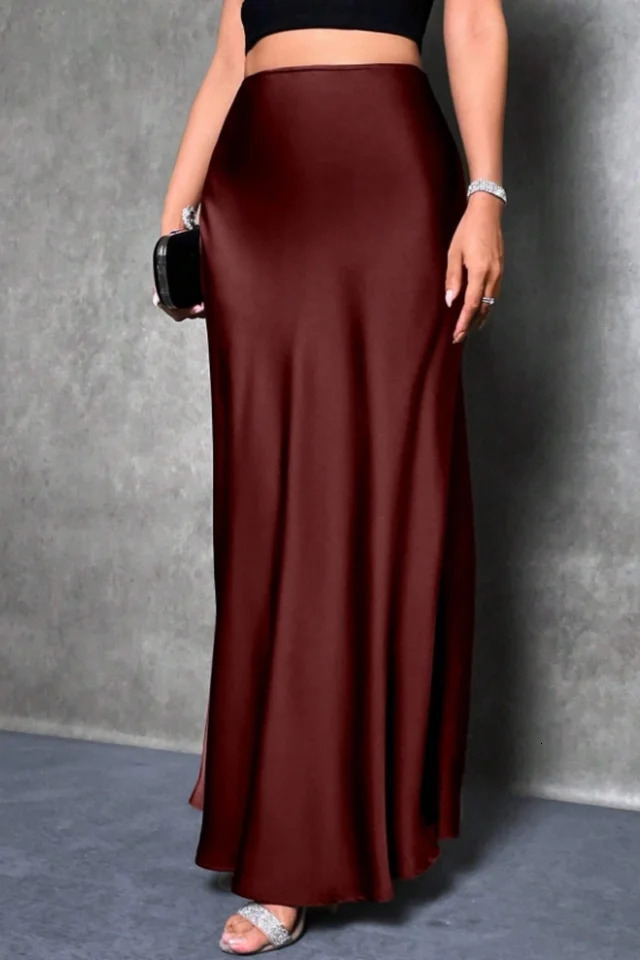 Elegant silklike satin Aline midi skirt with high waist and mermaid tail for women in spring summer 251027
