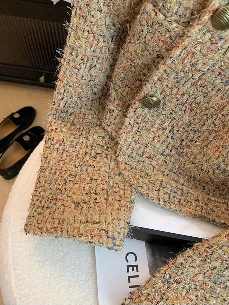Vintage Tweed Jacket Women Korean Elegant Single Breasted O Neck Crop Coats Y2K Autumn Office Lady Casual Outwear 251027