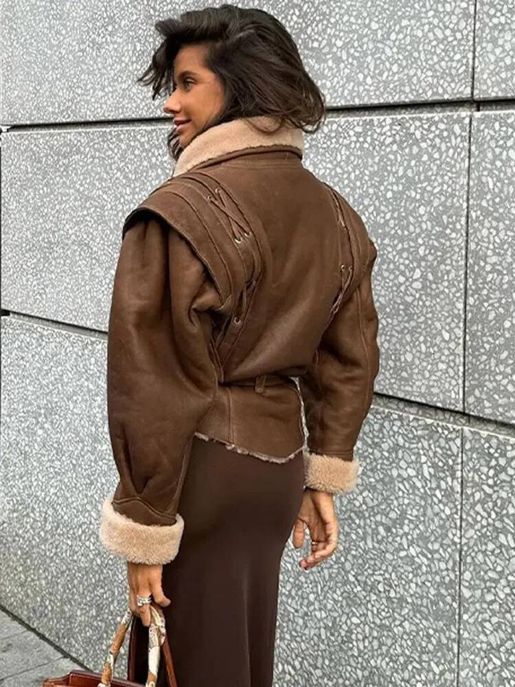 winter jacket women Leather Women's With Belt Fur Coat Streetwear Fashion Solid Outwear Woman Elegant Jackets Chaqueta De Cuero Para Mujer