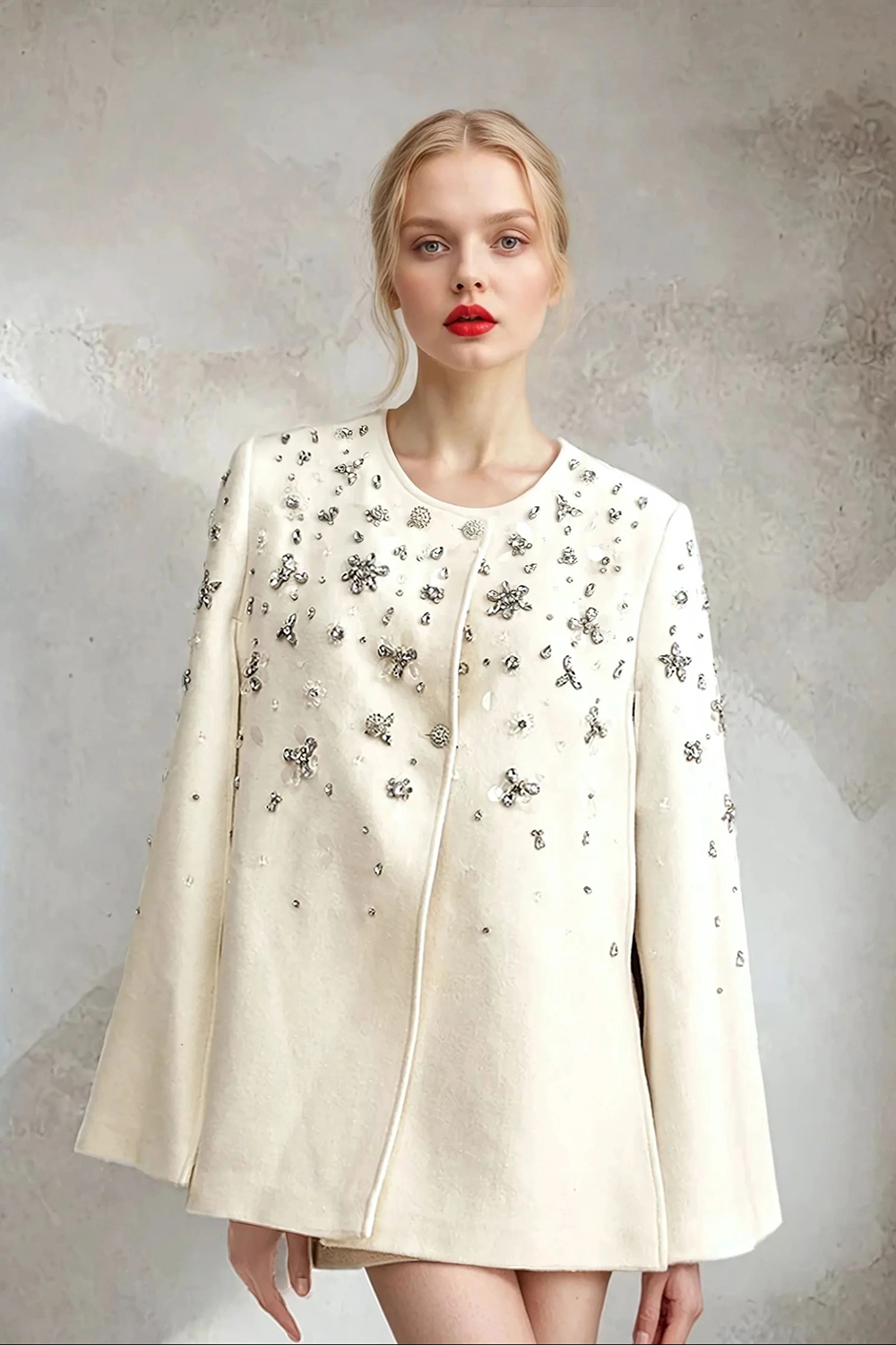 Fashion Crystal Woolen Coat For Women Warm Jewel Neck Single Breasted Jacket Only Blazer Custom Made