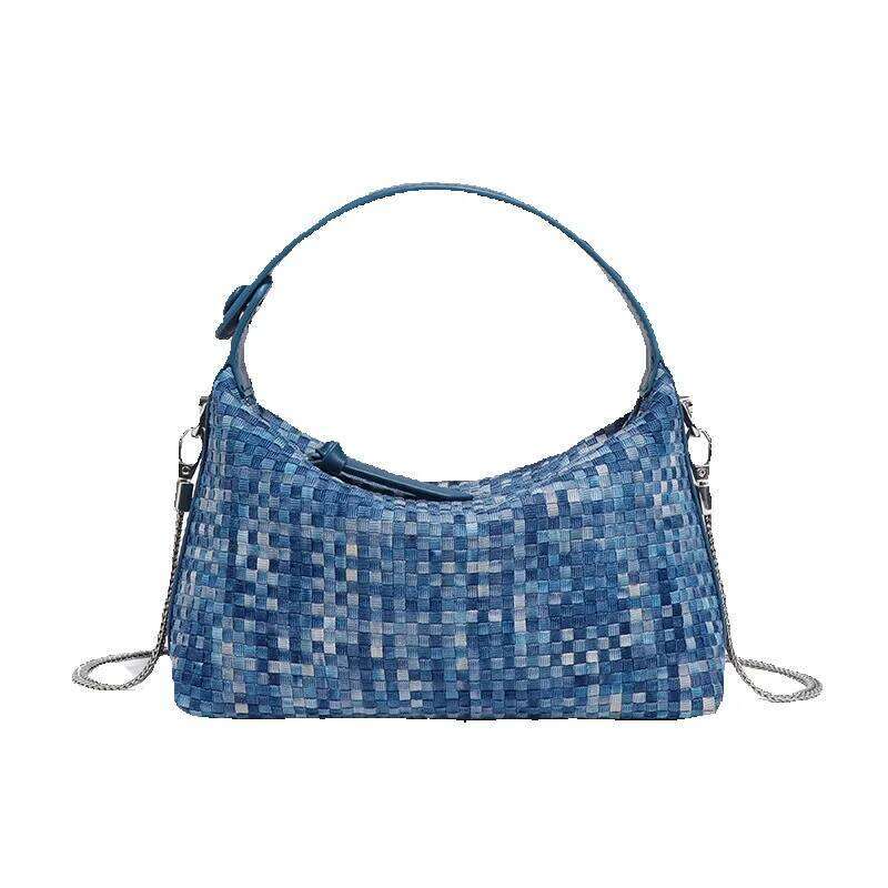 Unique Design Fashion Woven New Denim Yuanbao Handheld Small Square Single Shoulder Crossbody Women's Bag Cowhide Woven Bag