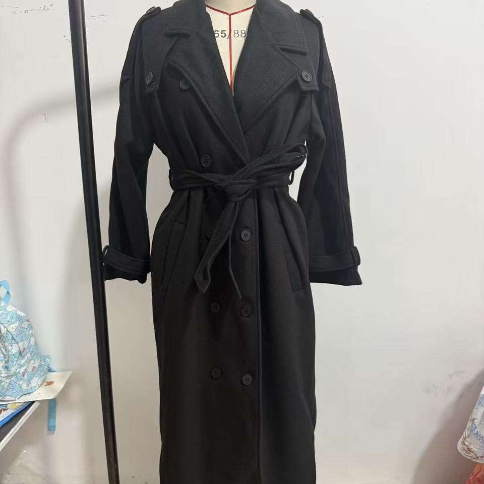 Elegant With Belt Black Long Coat For Women Oversize Woolen Double Button Lapel Overcoat Autumn New Lady High Street Outerwear