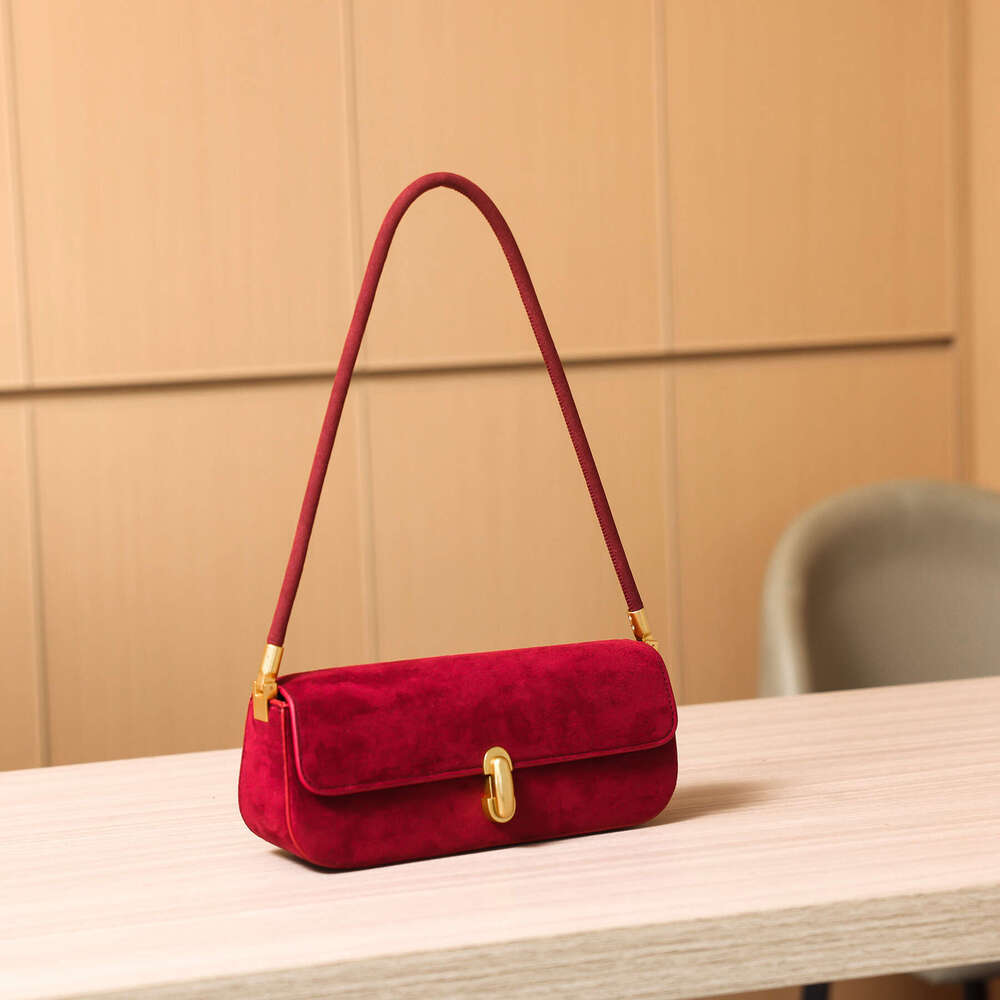2025 Stylish Suede Shoulder Bag - Chic Baguette Design With Golden-Tone Lock Closure, Light Brown/Red, PU Material, Polyester Lining, Perfect For Casu