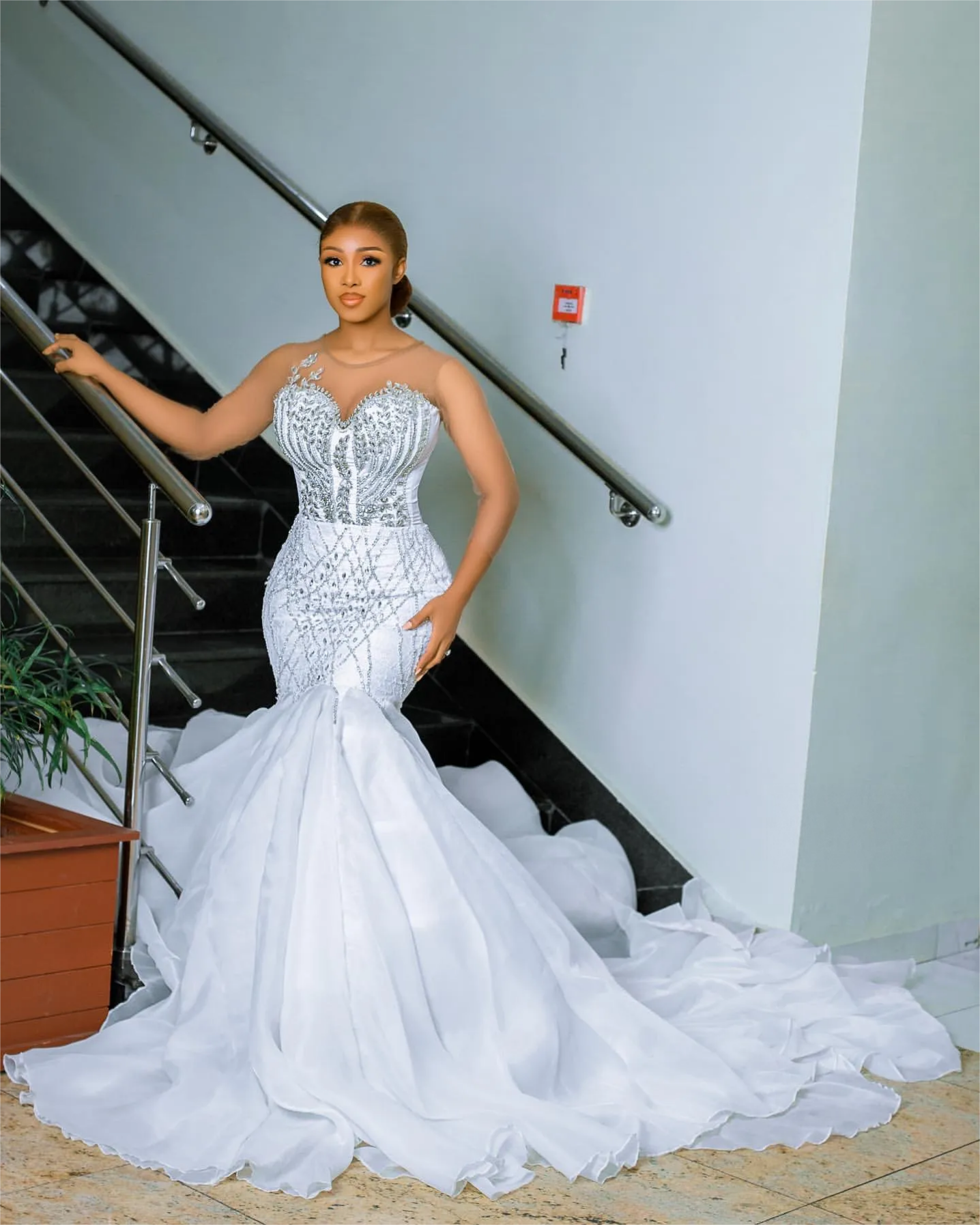 Arabic Aso Ebi Plus Size Mermaid Wedding Dress in Ivory with Full Sleeves Crystals Beaded and Organza Fabric For Bride