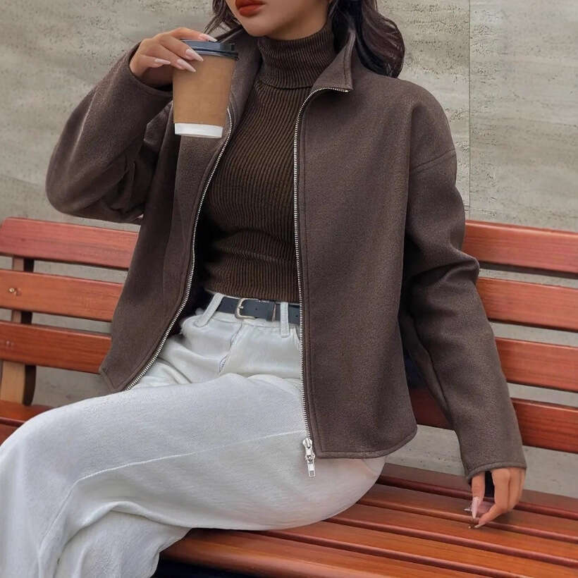 2025 Women's Autumn Winter New Street Style Fashion Casual Coat Simple Solid Color Woolen Jacket f9da