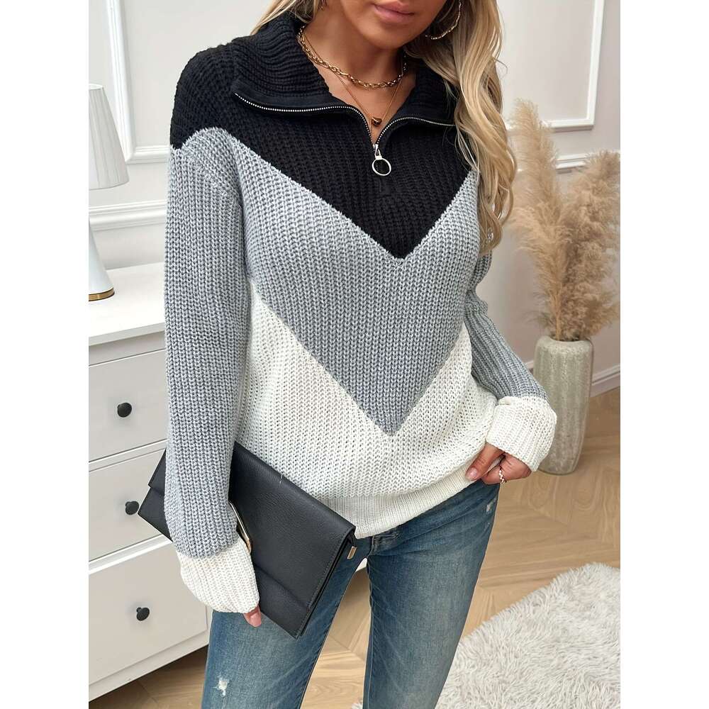 Color Block Quarter Zip Sweater, Casual Long Sleeve Sweater For Fall & Winter, Women's Clothing