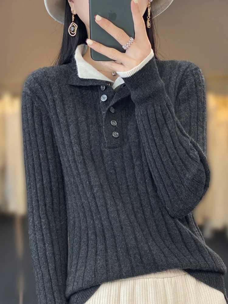 2024 High Quality Women Autumn Winter Casual Turndown Collar Pullover Cashmere Sweater 100 Merino Wool Knitwear Clothing TopsT251027