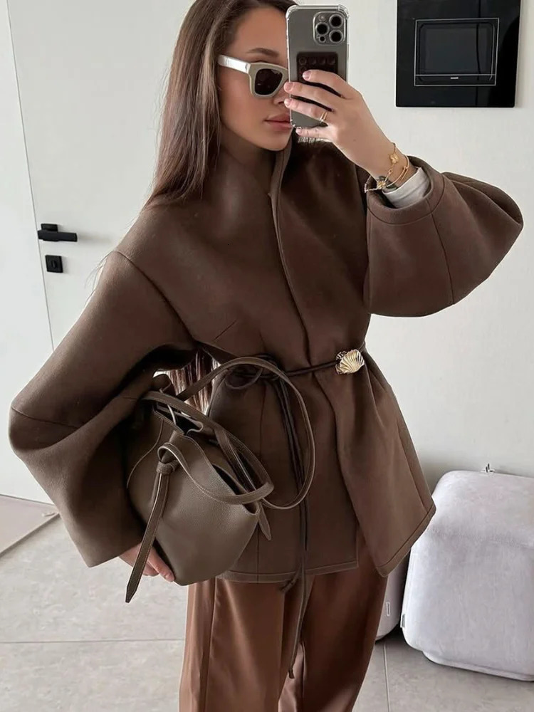 Chic Womens Solid Woolen Coat Elegant Full Sleeves Waist Tie Loose Outfit Fashionable Autumn Commuting Daily Lady Street Jacket 251027