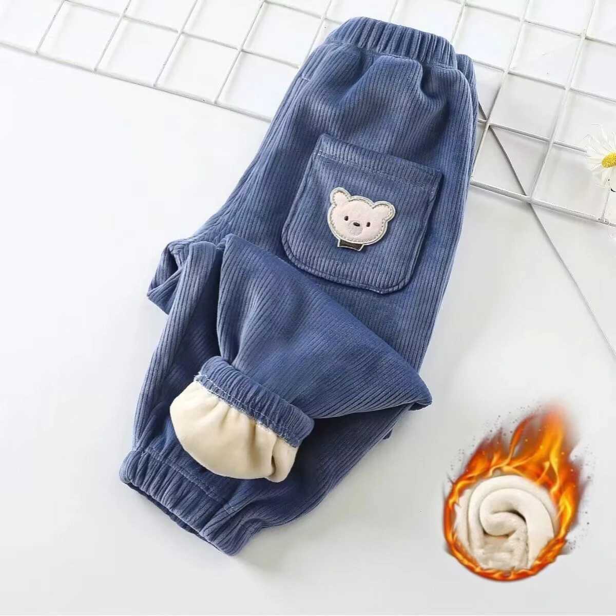 1pcs Boy Girl Winter Velvet Corduroy Kids Pants Little Bear Cartoon Mid Waist Warm Pantalones Baggy Thick Plush Children TrouserT251027