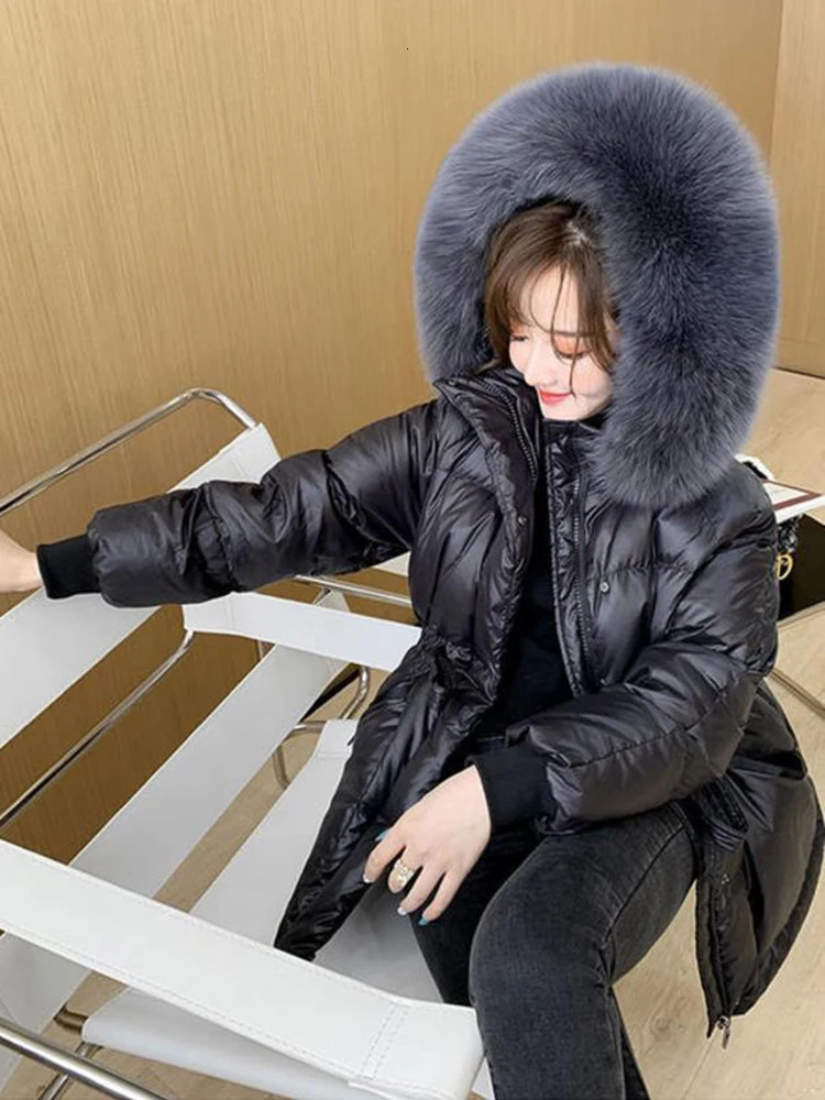 Autumn Winter Hooded Fur Collar Parkas Mujer With a Belt Thick Warm Down Cotton Padded Jacket Women Casual Coat Female 251027