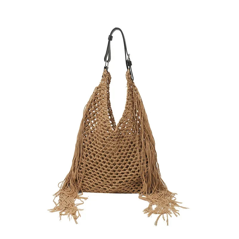2025 Summer Tassel Shoulder Bags Hollow Out Weaving Tote Bags For Women Beach Vacation Handbags Travel Shoulder Bag 251027
