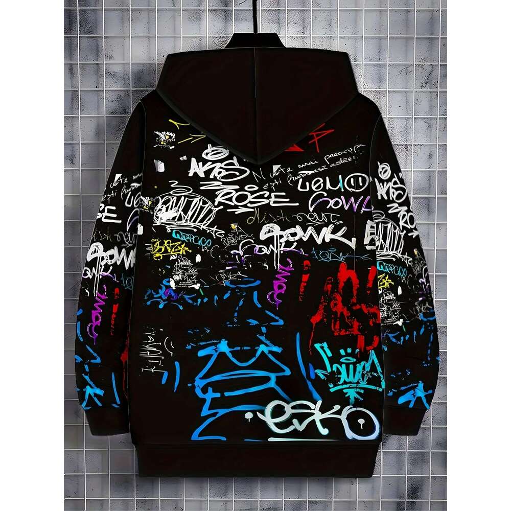 Men's Hooded Zip-Up Sweatshirt With Graffiti Print - Winter Jacket Long Sleeve Casual Sportswear, Regular Fit Hine Washable Urban Streetwear For 
