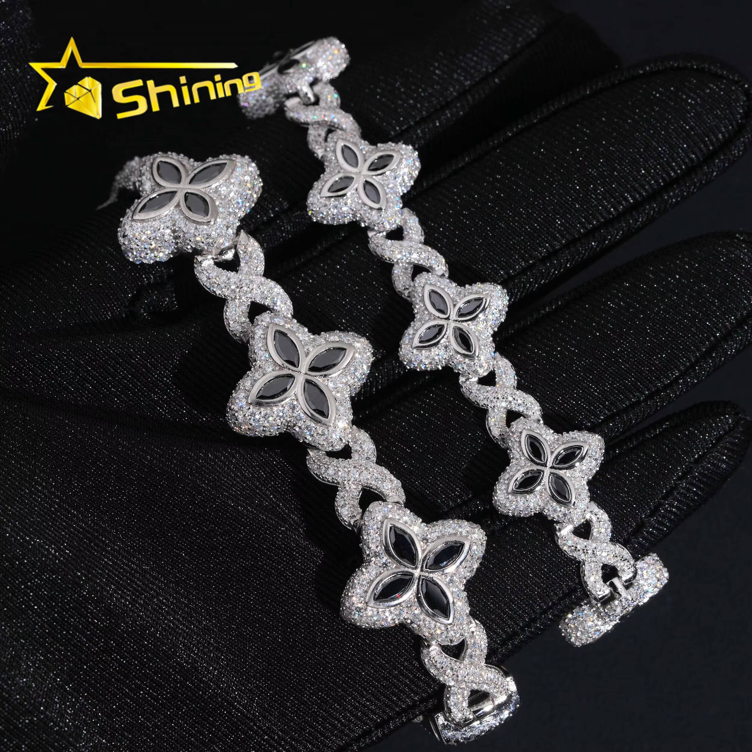 Hot Sale 15mm 18mm Black Color Moissanite Clover Bracelet Hip Hop Jewelry 925 Silver Iced Out Infinity Moissanite Cuban Bracelet