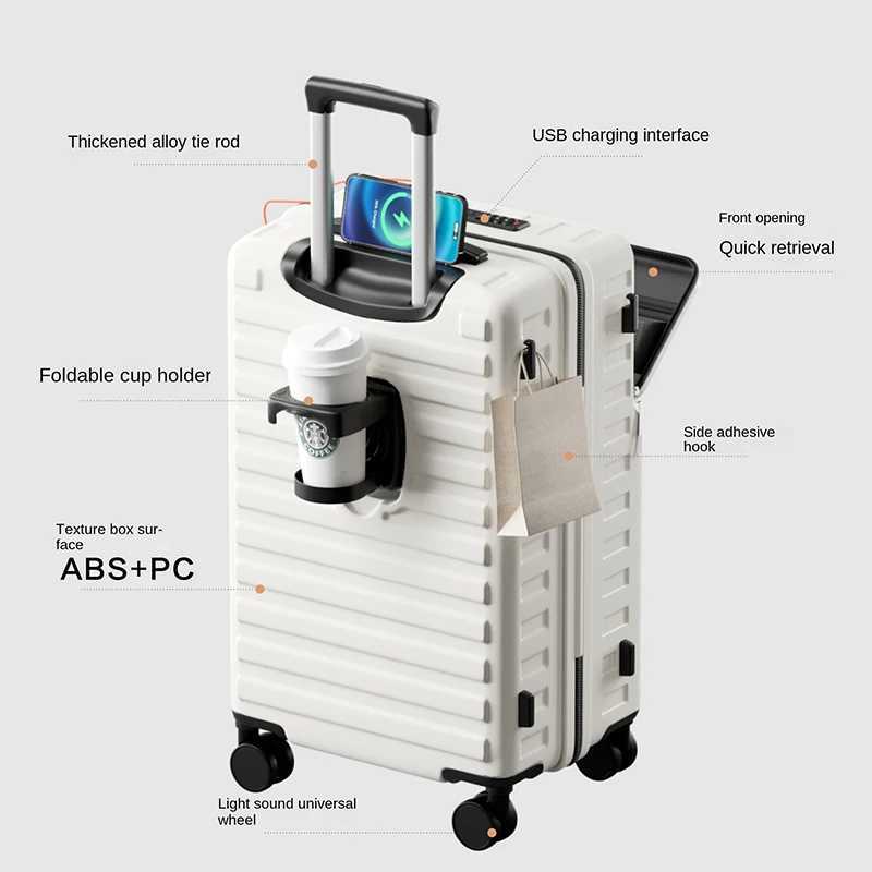 2025 New FrontOpening Suitcase 20 inch Cabin Luggage 28 inch Large Capacity Suitcase Travel Luggage Cup Holder W251027