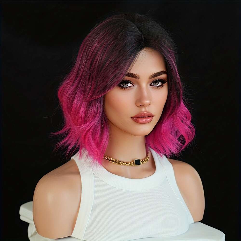 NAMM Women's Short Black To Pink Purple Ombre Wig - Heat-Resistant Synthetic Hair With Bangs & Layered Bob Cut, Glueless Cosplay Costume Wigs For