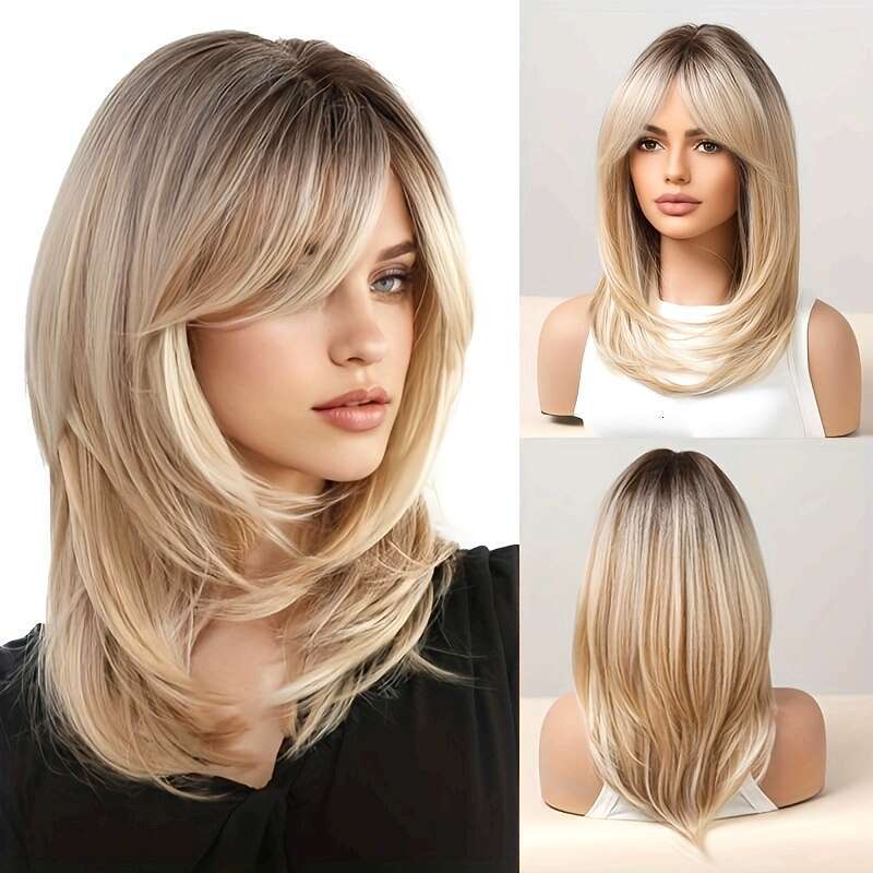 18-Inch Blonde Layered Wig With Bangs - Chic Women's Curly Wave Synthetic Hair, Dark Roots, Rose Net Cap, High-Temperature Fiber