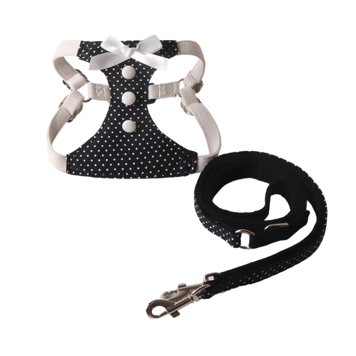 Polka Dot Pet Harness and Leash Set - Stylish Bow and Button Design, Adjustable Soft Harness, Fashionable Walking Set for Small Dogs B157