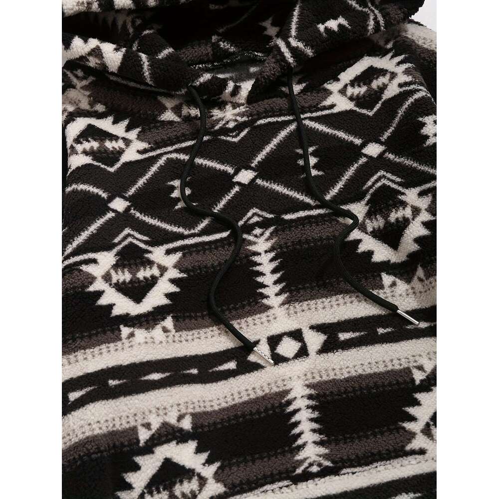 Ethnic Style Geometric Pattern, Men's Loose Polar Fleece Hoodie For Winter & Fall, Hooded Sweatshirt With Drawstring And Kangaroo Pocket