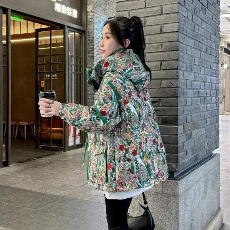 Fashion Zipper Hooded Short Printed European Goods Down Cottonpadded Womens Winter Thick Warm Green Coat 251027