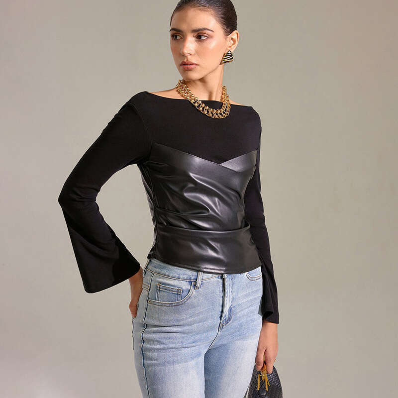 Women's Fashion Autumn New Round Neck Knitted Tube Ruched Leather Patchwork Flared Sleeve Top