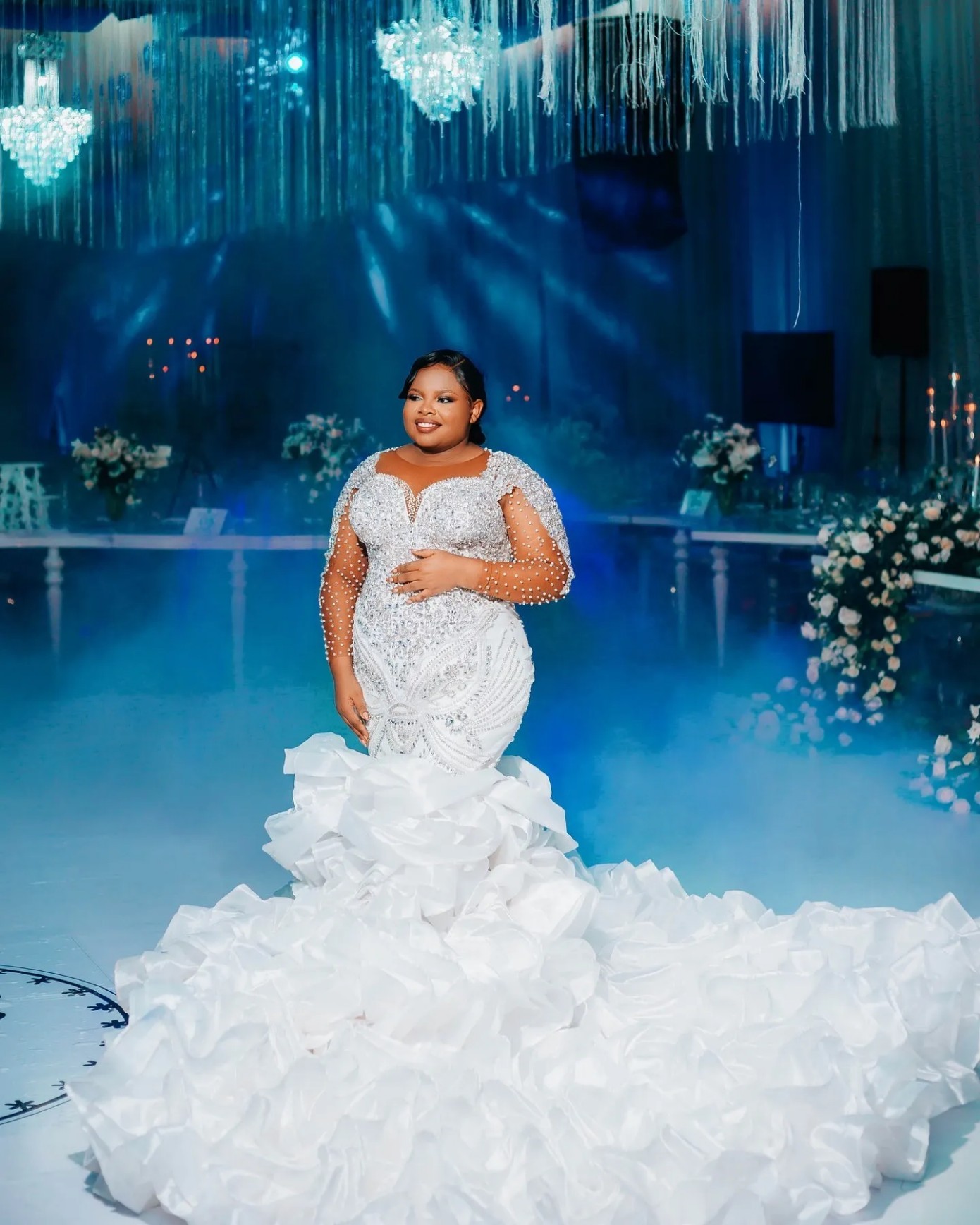 Arabic Aso Ebi Plus Size Mermaid Wedding Dress in Ivory with Luxurious Beaded Crystals and Full Sleeves