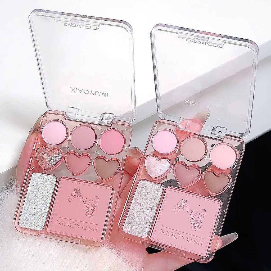 Heartshaped 8color eyeshadow tray with blush highlight matte glitter highgloss effect pink berry brown toneXJ251027