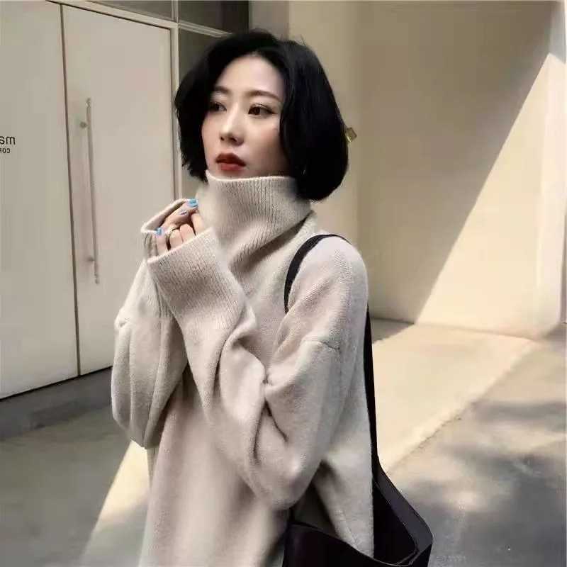 High necked sweater women thick and loose fitting French top knitted bottom sweater autumn and winterT251027