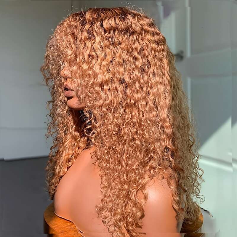 Long 26" Honey Blonde Heat Resistant Up To 356°F, Glueless Lace Front With Preplucked Hairline Bangs, 180% Density Voluminous Curly Synthetic Wig