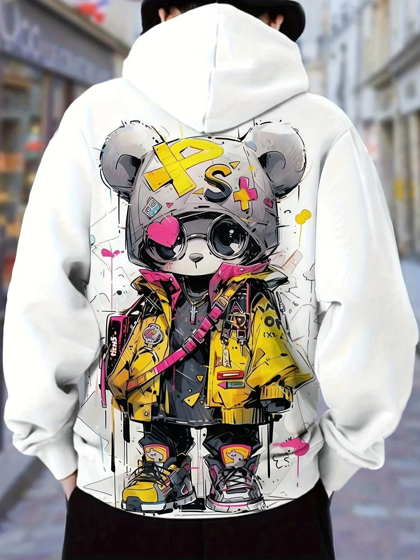 2025 New Mens Autumn Fashion Cartoon Bear Printed Soft and Comfortable Hoodie Suitable for Outdoor Street Wear W251027