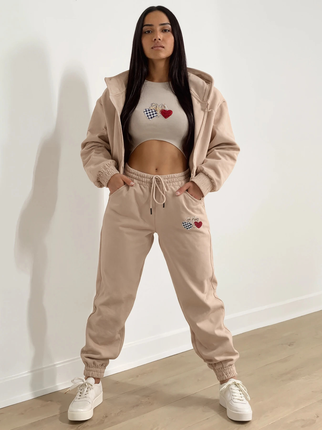 Womens Arrival Fleece Heart Print Sporty Casual ThreePiece Set Machine Washable Suitable for Fall and Winter Seasons 251027