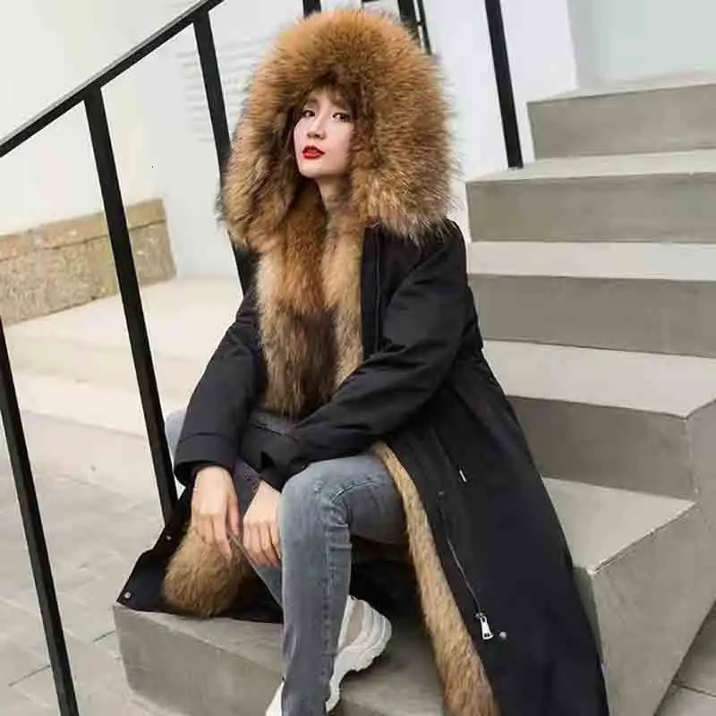 Winter Kneelength Hooded Loose Slim Female Raccoon Fur Coat Lined with Detachable Warm and Casual 5XL Parka 251027